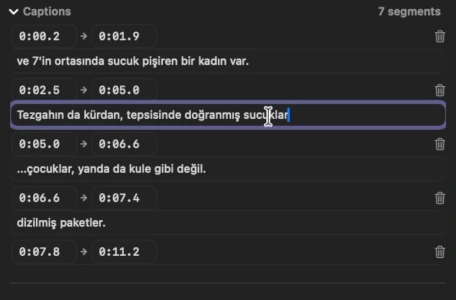 قائمة النصوص في الإصدار 1.1.1: عنوان “Captions” مع “7 segments” وصفوف نصوص تركية فيها وقت البداية والنهاية وأيقونة حذف، ونص واحد قيد التعديل.